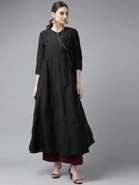 Thumbnail for Wahe-NOOR Women's Black Solid Angrakha Anarkali Kurta - Distacart