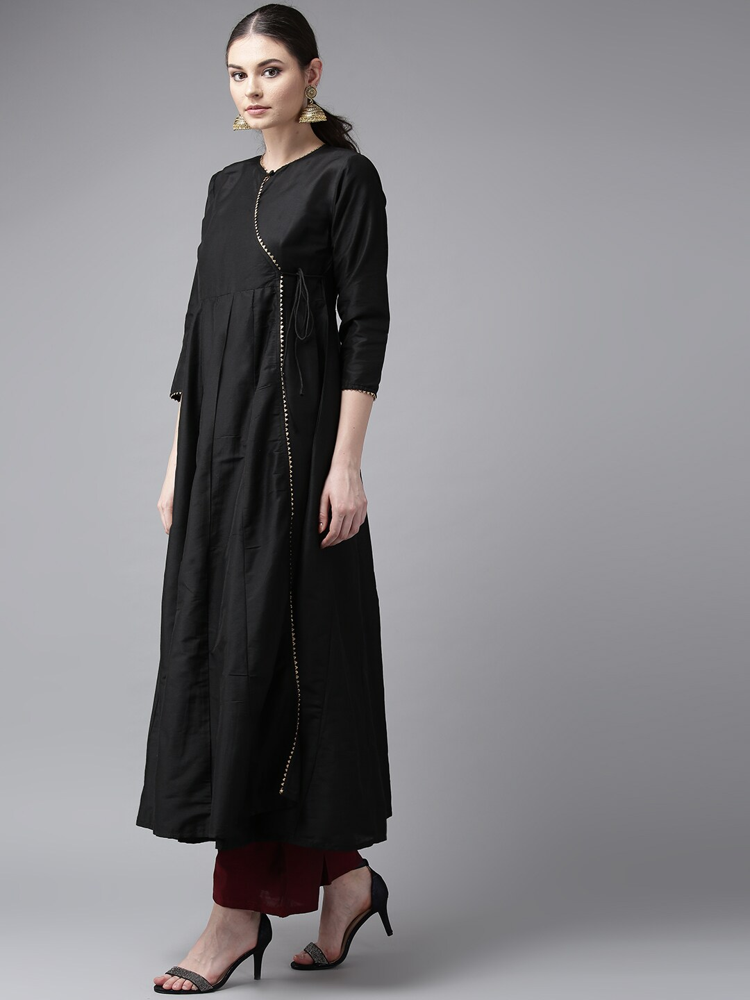Wahe-NOOR Women's Black Solid Angrakha Anarkali Kurta - Distacart