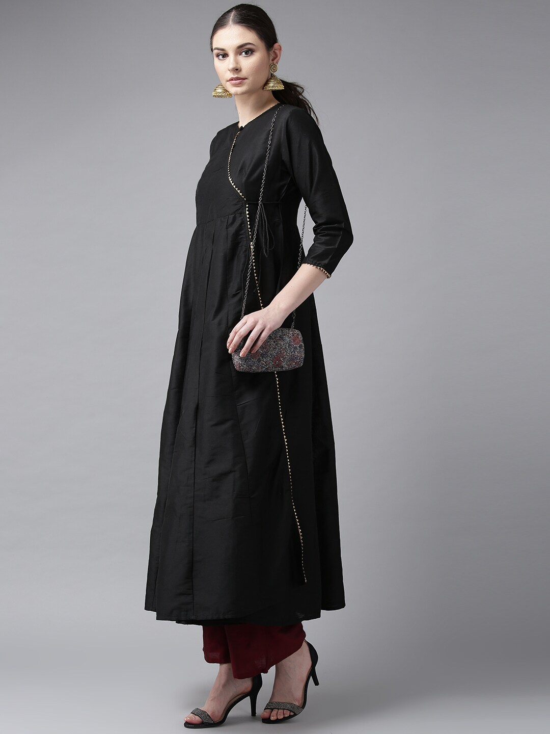 Wahe-NOOR Women's Black Solid Angrakha Anarkali Kurta - Distacart