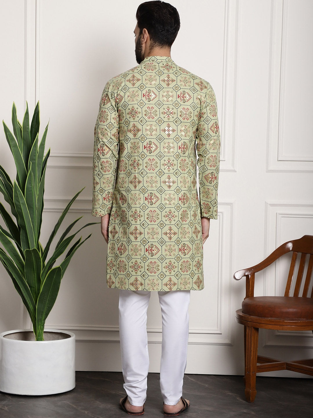 Sojanya Men Green Printed Cotton Linen Kurta with Churidar - Distacart