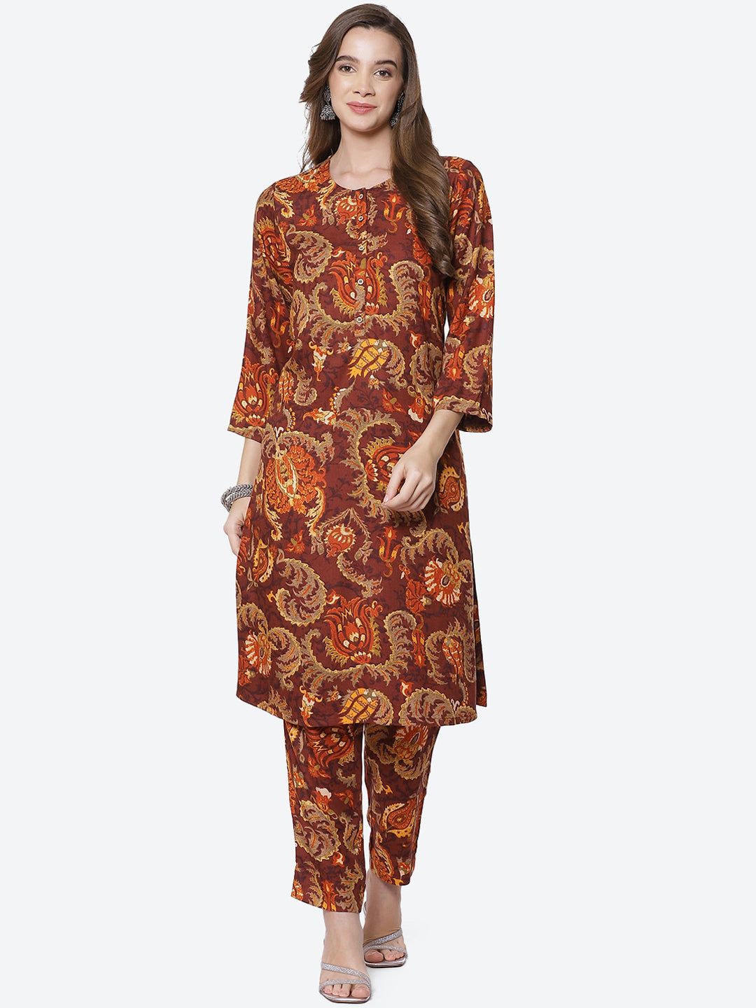 Biba Women Brown Ethnic Motifs Printed Kurta with Trousers - Distacart