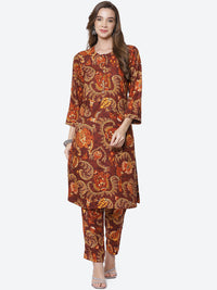 Thumbnail for Biba Women Brown Ethnic Motifs Printed Kurta with Trousers - Distacart