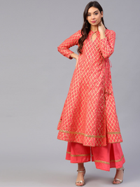 Thumbnail for Wahe-NOOR Women's Coral Pink & Golden Printed Kurta With Palazzos 1 - Distacart