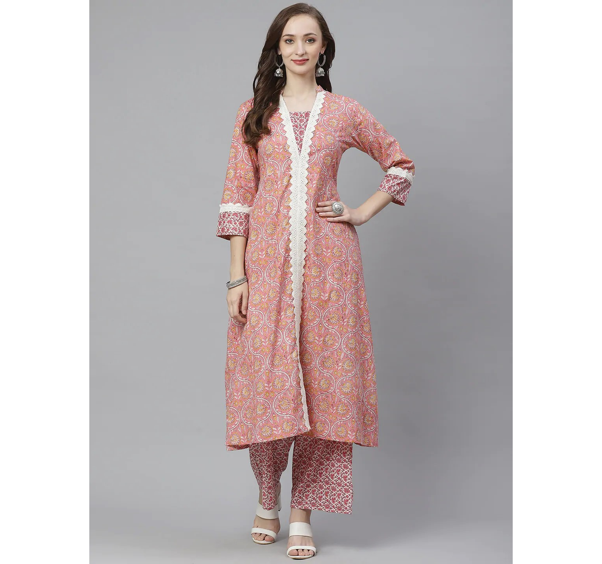 Wahe-NOOR Women's Pink & White Printed Kurta With Palazzos 5 - Distacart
