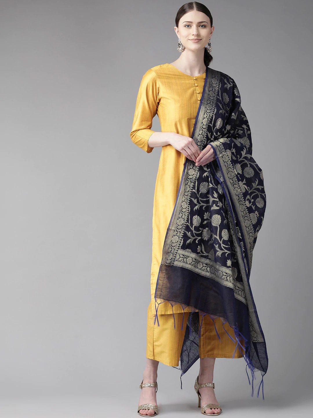 Wahe-NOOR Women's Mustard Yellow Solid Kurta With Palazzos & Dupatta2 - Distacart