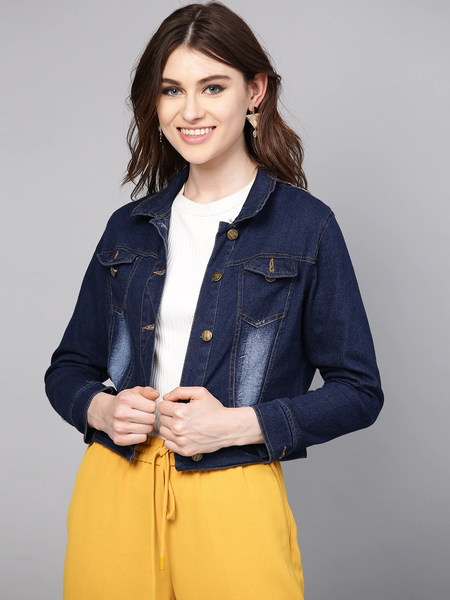 Wahe-NOOR Women's Navy Blue Washed Denim Jacket 2 - Distacart