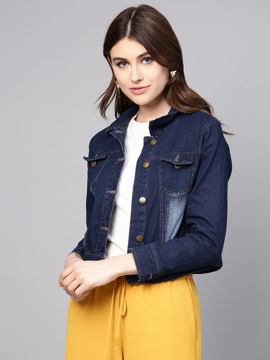 Wahe-NOOR Women's Navy Blue Washed Denim Jacket 2 - Distacart
