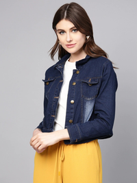 Thumbnail for Wahe-NOOR Women's Navy Blue Washed Denim Jacket 2 - Distacart