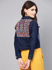 Thumbnail for Wahe-NOOR Women's Navy Blue Washed Denim Jacket 2 - Distacart