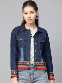 Thumbnail for Wahe-NOOR Women's Navy Blue Washed Denim Jacket - Distacart