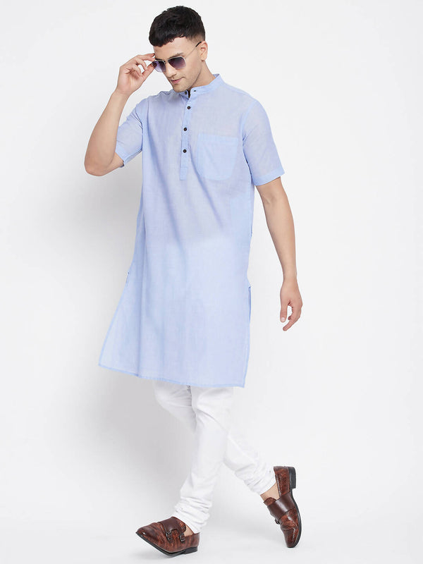 Even Apparels Blue Pure Cotton Men's H/S Kurta With Band Collar - Distacart
