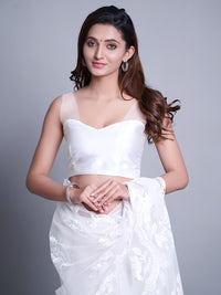 Thumbnail for Mitera White Ethnic Motifs Embroidered Net Saree - Distacart