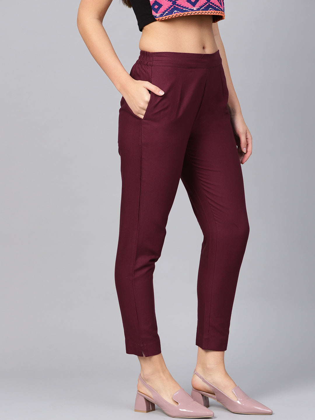 Juniper Women Burgundy Cotton Flex Solid Slim Fit Pant/Slim Pant - Distacart
