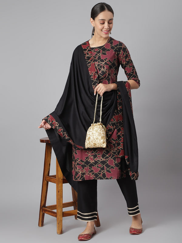 Khushal K Women Black Printed Kurta with Palazzos & Dupatta - Distacart