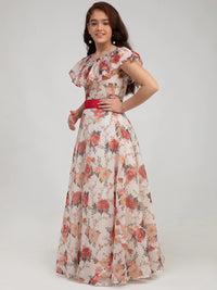 Thumbnail for NOZ2TOZ Off White & Red Floral Print Maxi Dress For Girls - Distacart