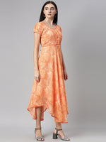 Thumbnail for Souchii Orange Floral Chiffon Midi Dress - Distacart