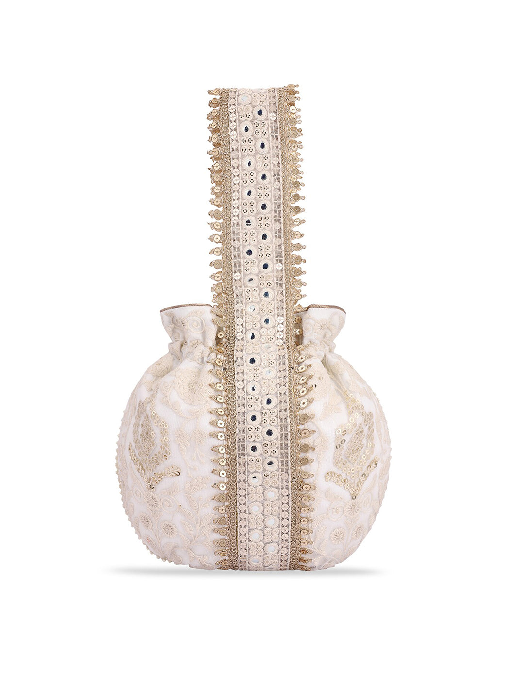 Masq Off White & Gold-Toned Embellished Embroidered Potli Clutch - Distacart