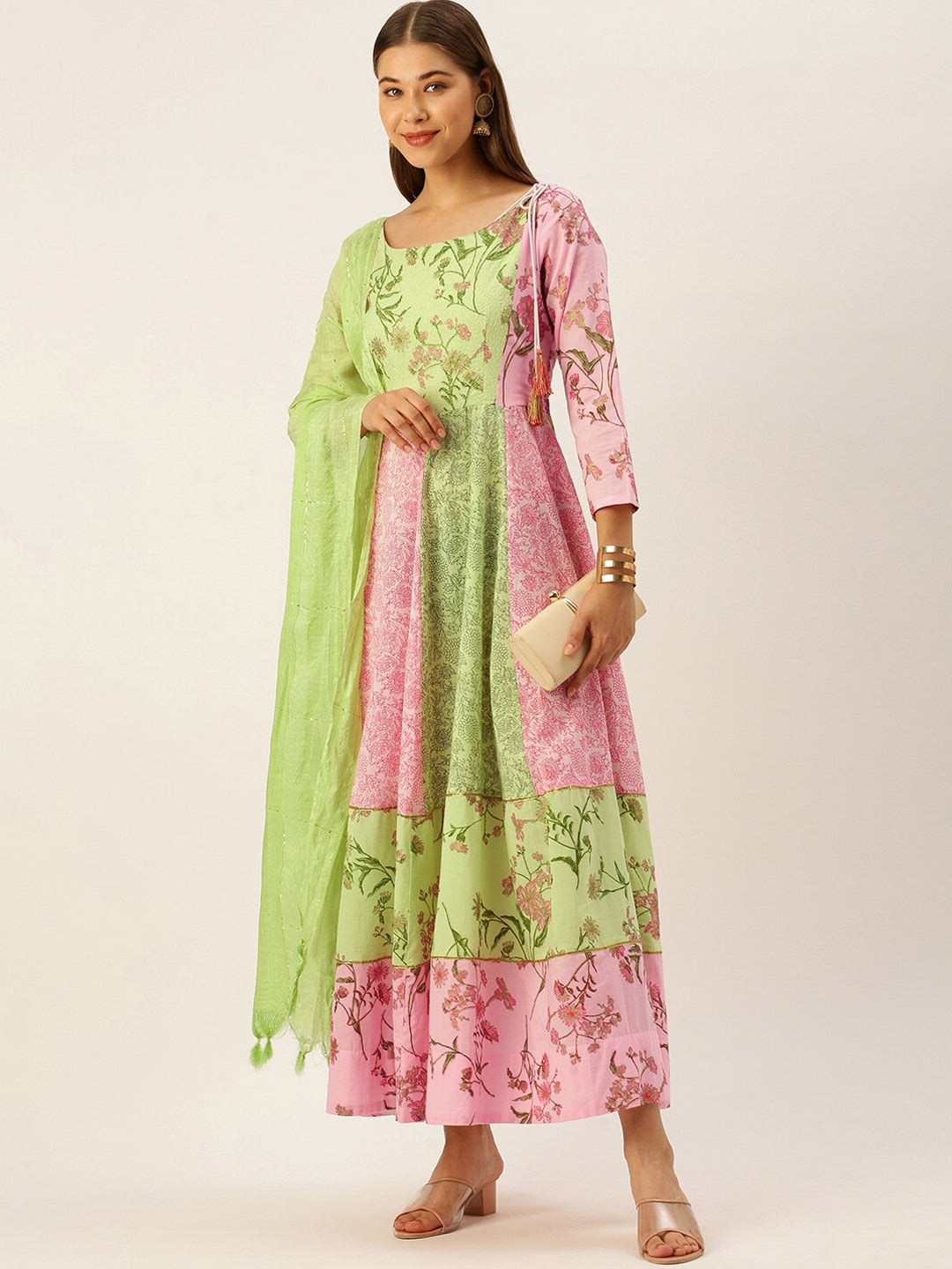HERE&NOW Women Green & Pink Floral Printed Anarkali Cotton Kurta With Dupatta - Distacart