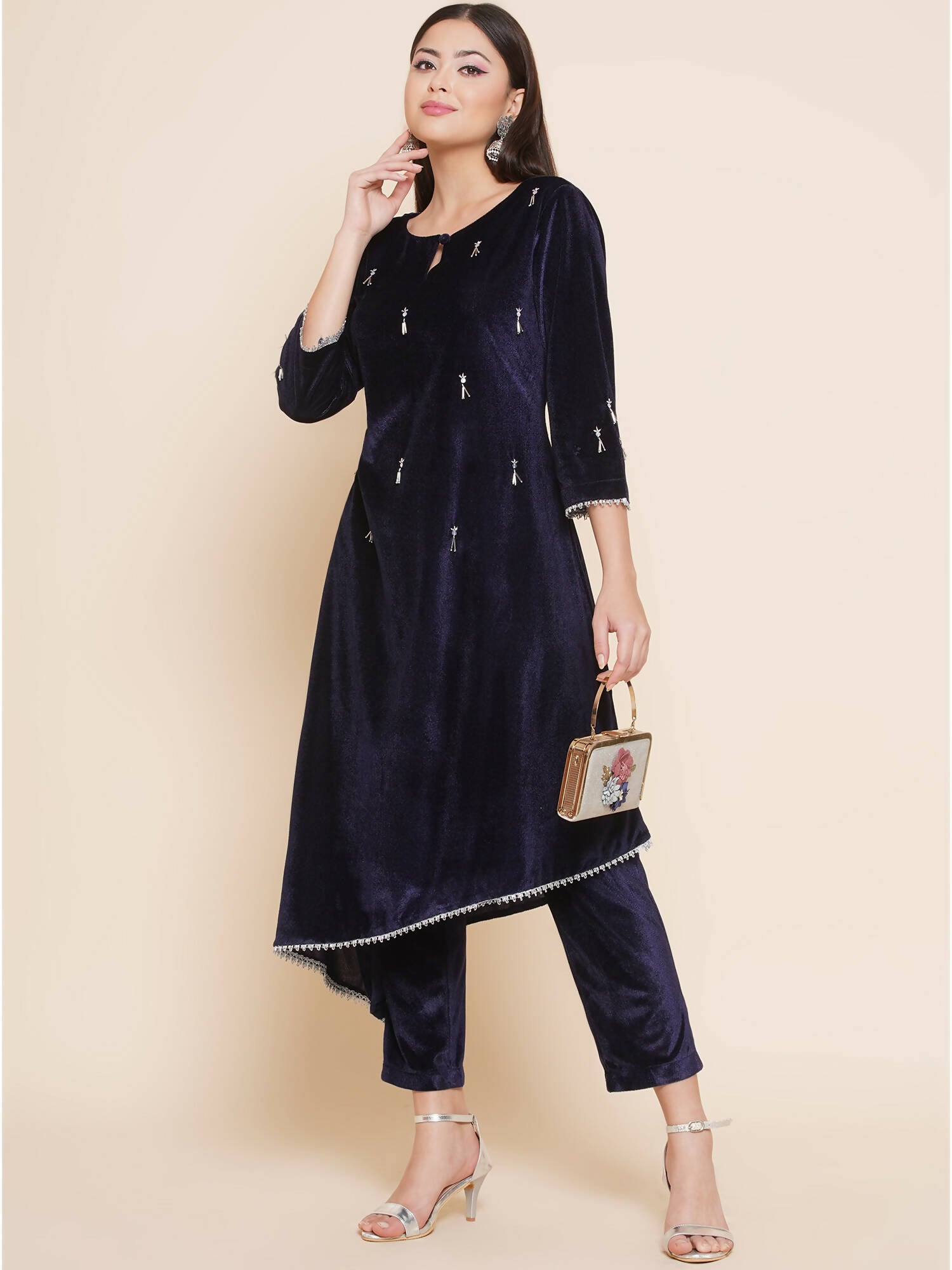 Women Republic Navy Blue Velvet Assymetrical Hand Embellished Kurta With Pants - Distacart