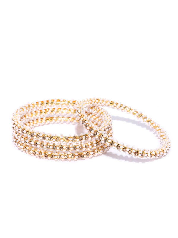 Gold-Plated Alloy Pearl And Rhinestones Studded Bangle Set - The Pari - Distacart