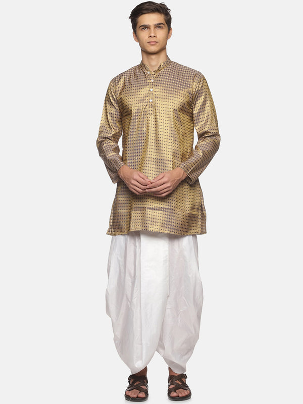 Sethukrishna Men Gold-Toned Bandhani Printed Art Silk Kurta with Dhoti Pants - Distacart