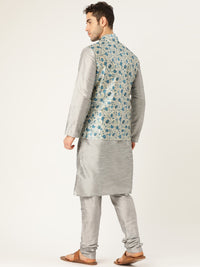 Thumbnail for Sojanya Men Grey & Blue Solid Kurta Set with Nehru Jacket - Distacart