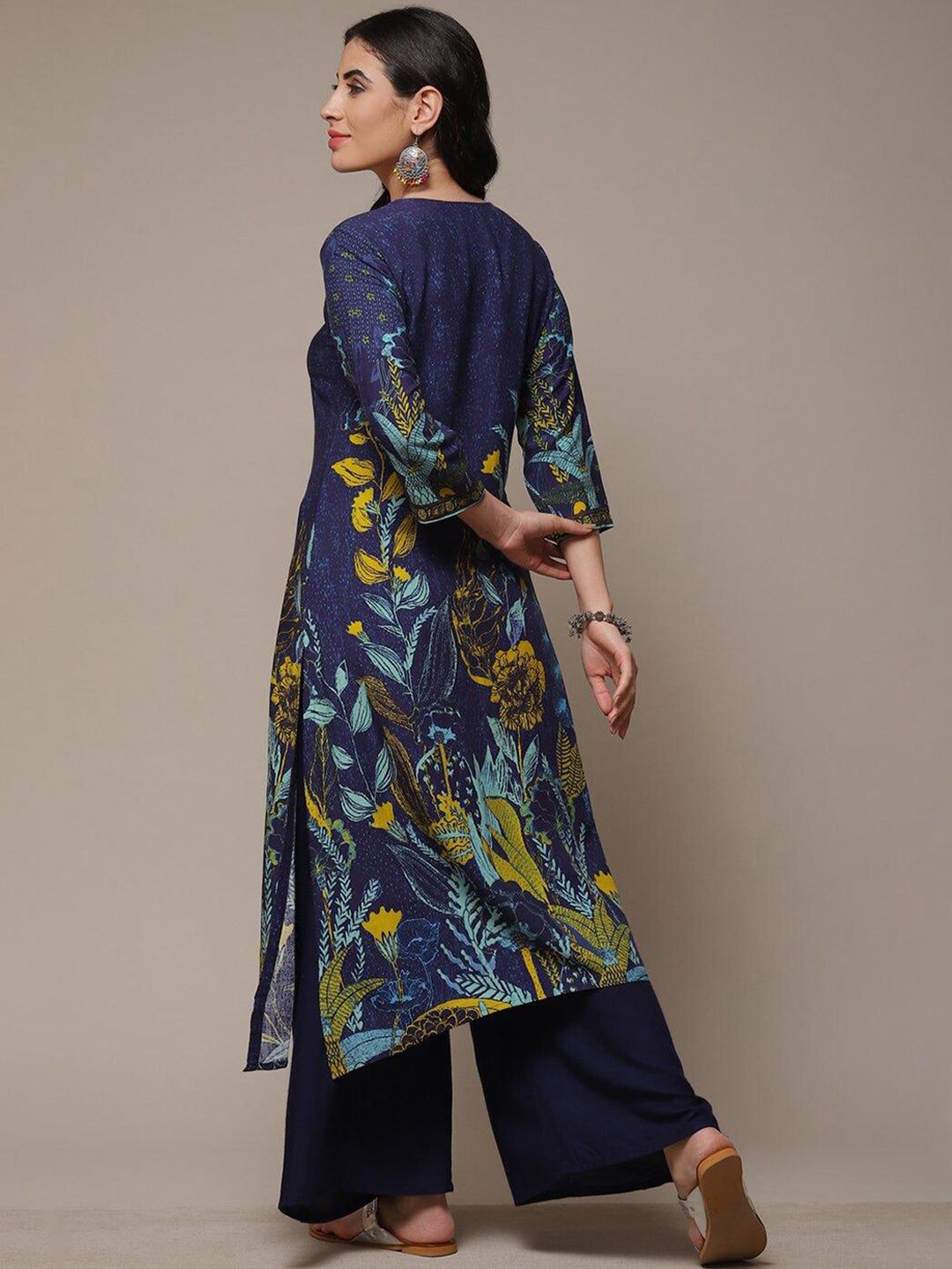 Biba Floral Printed Thread Work Beads Detail A-Line Asymmetric Kurta - Distacart