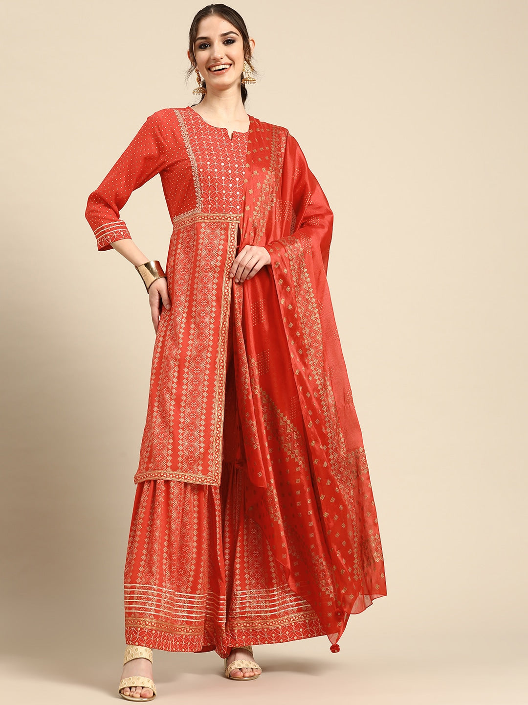 Sangria Women Ethnic Motifs Embroidered Sequinned Kurta with Sharara With Dupatta - Distacart
