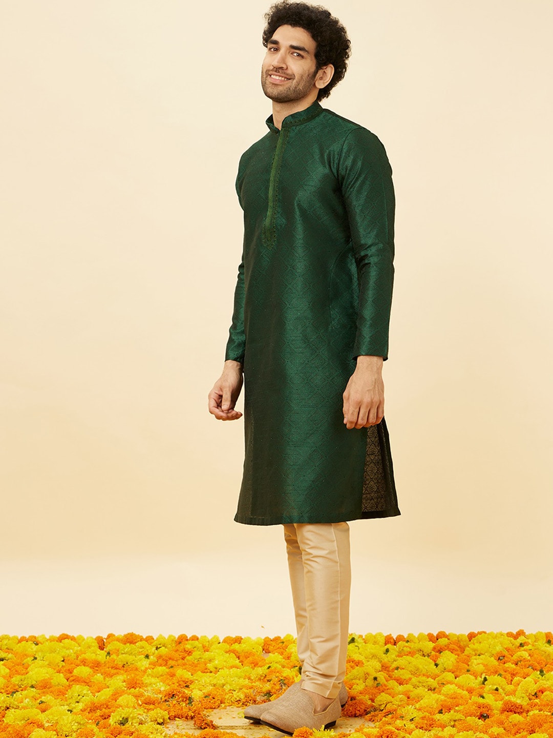 Manyavar Geometric Self Design Mandarin Collar Straight Kurta with Pyjamas - Distacart