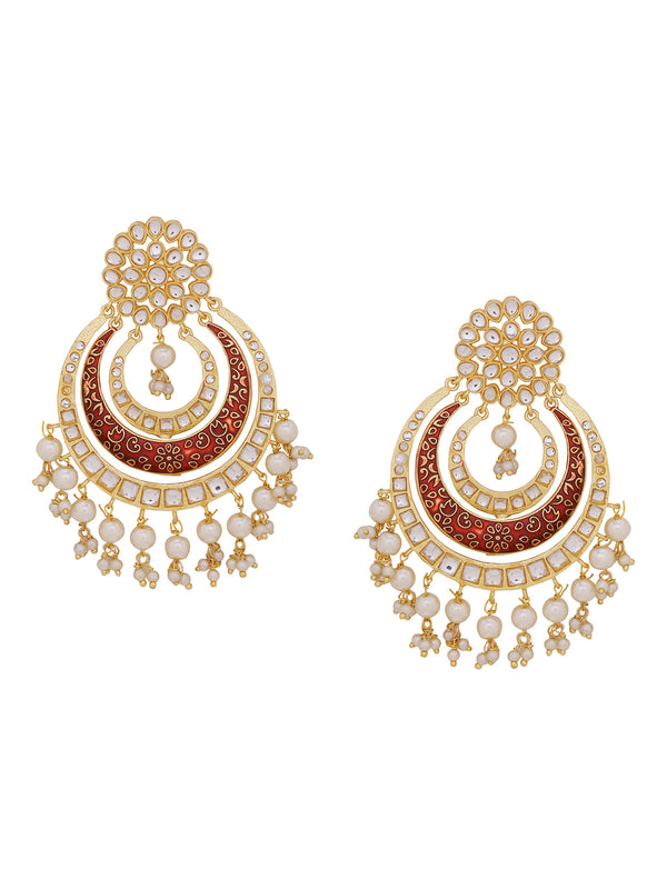 Shoshaa Red & Off-White Kundan Studded & Beaded Crescent Shaped Chandbalis - Distacart
