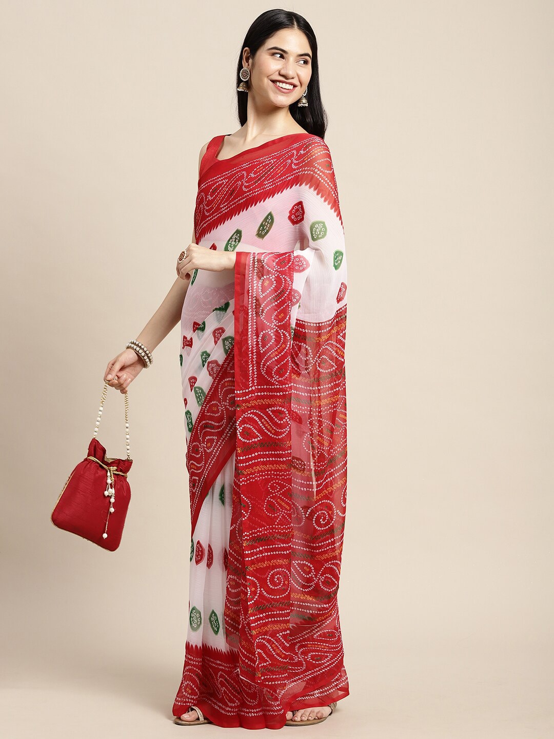 Saree Mall White & Red Printed Bandhani Sarees - Distacart