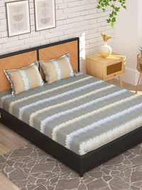 Thumbnail for Story@home Grey & Peach-Coloured Striped 180 TC Queen Bedsheet With 2 Pillow Covers - Distacart