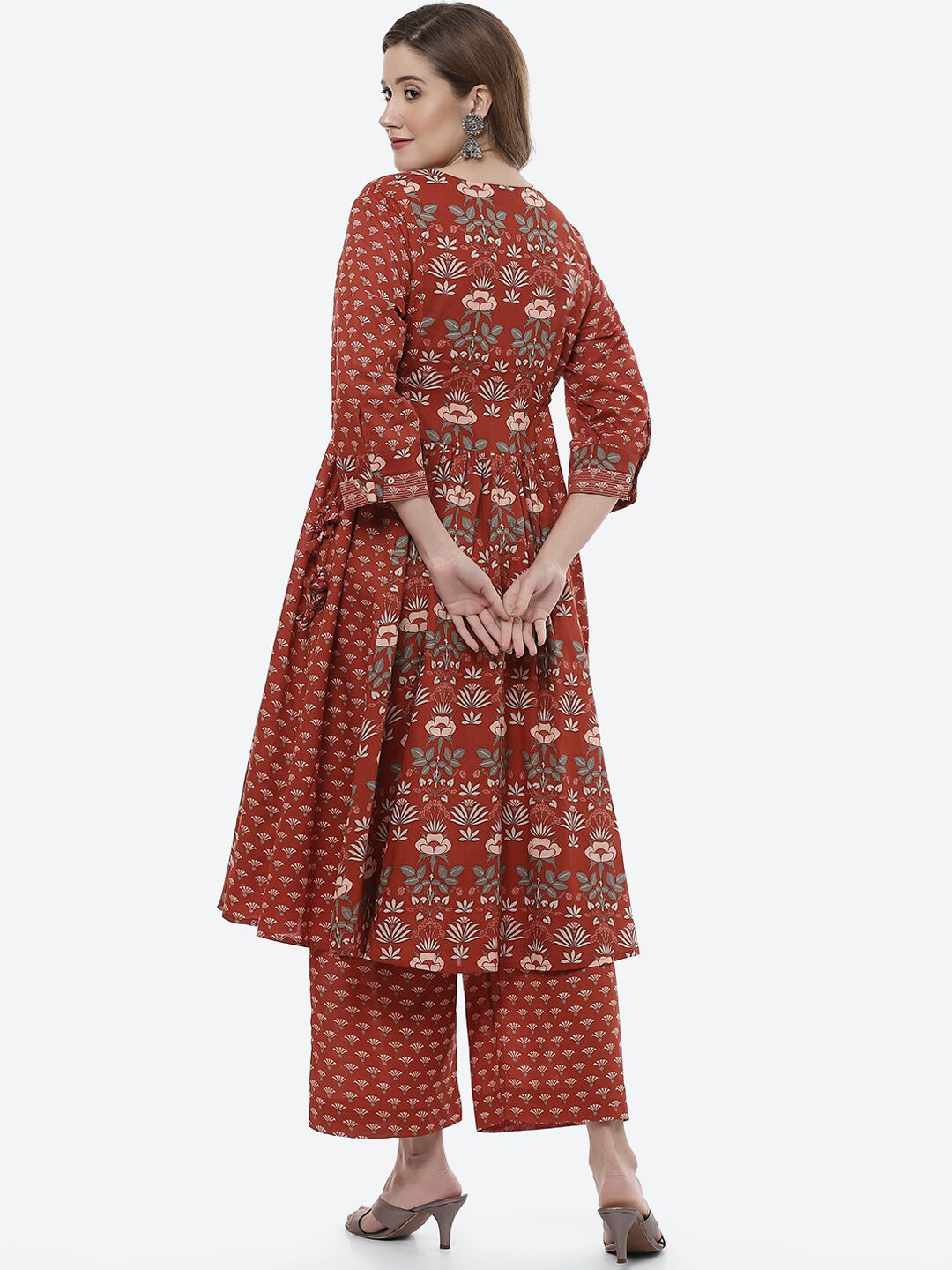 Biba Women Rust Ethnic Motifs Printed Pleated Pure Cotton Kurta with Palazzos - Distacart