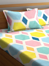 Thumbnail for KLOTTHE Multicoloured Geometric 300 TC Fitted Double Bedsheet with 2 Pillow Covers - Distacart