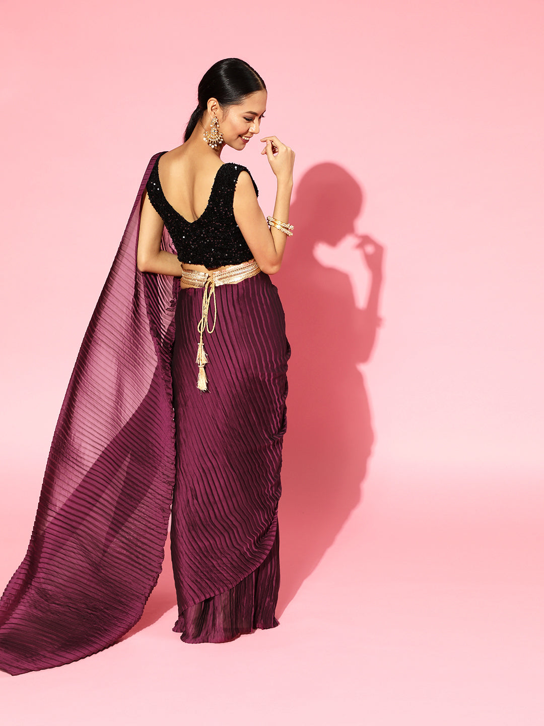 Saree Mall Burgundy Poly Georgette Party Wear Saree with Matching Blouse - Distacart