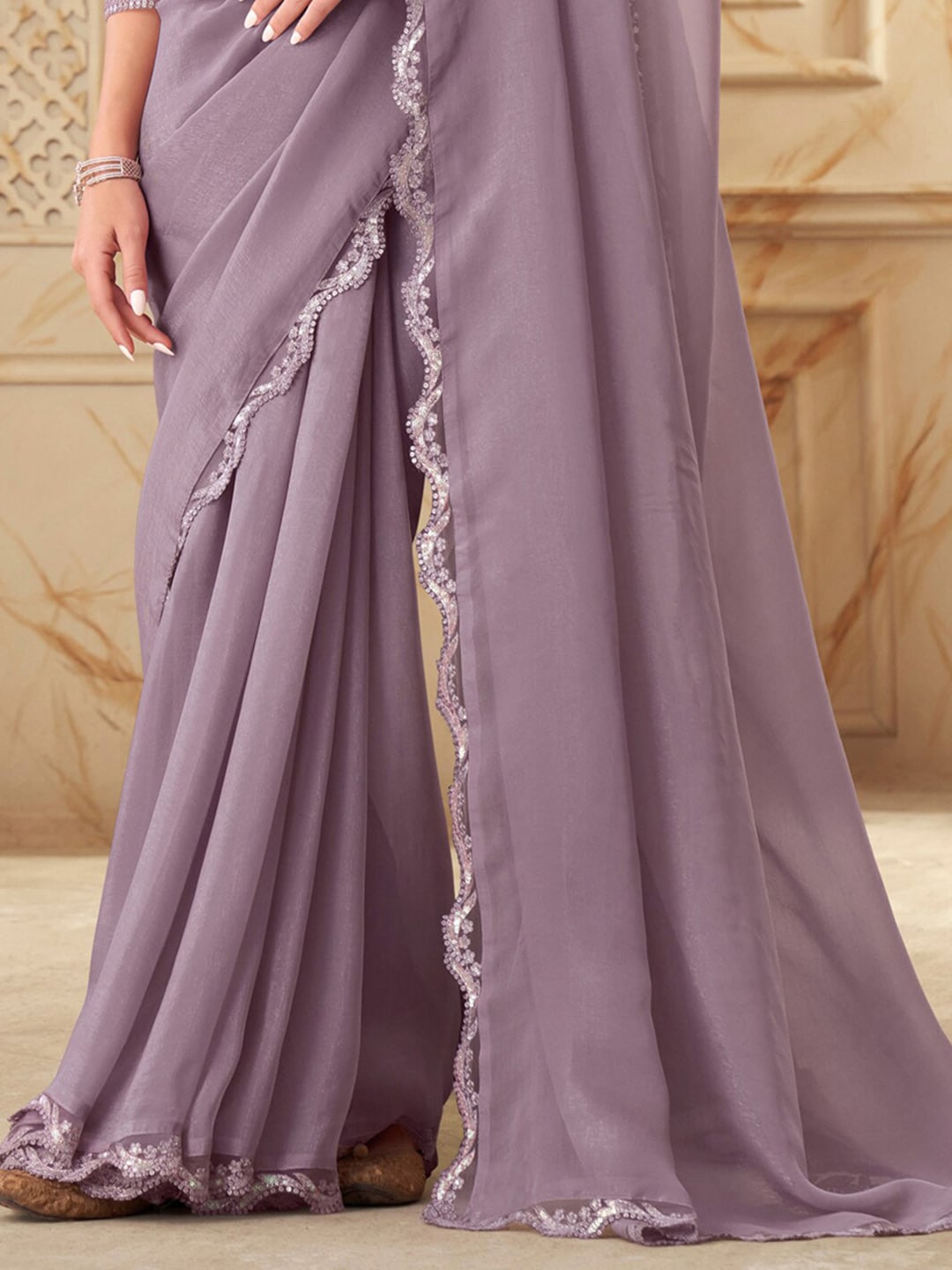 Mitera Pink Embellished Sequinned Poly Georgette Saree - Distacart