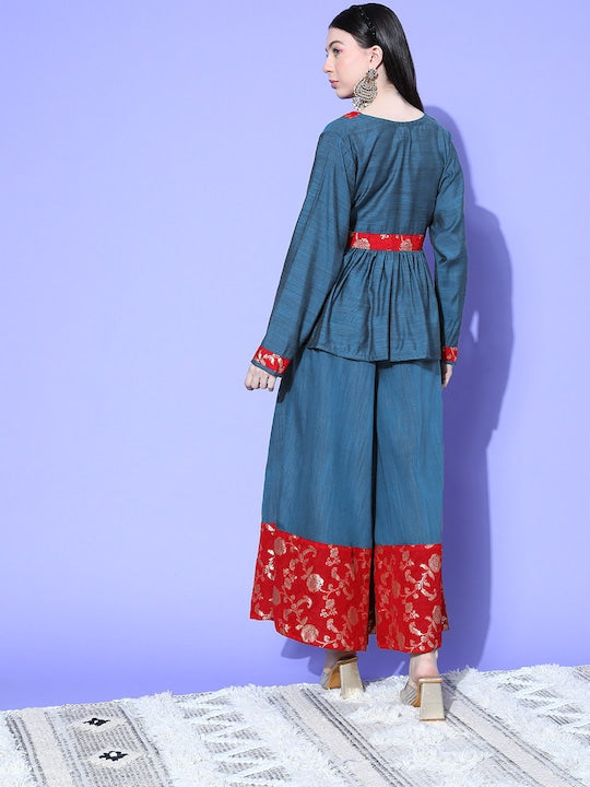 InWeave Women's Teal Red Brocade Mughal Shaan Kurta Palazzo Set - Distacart