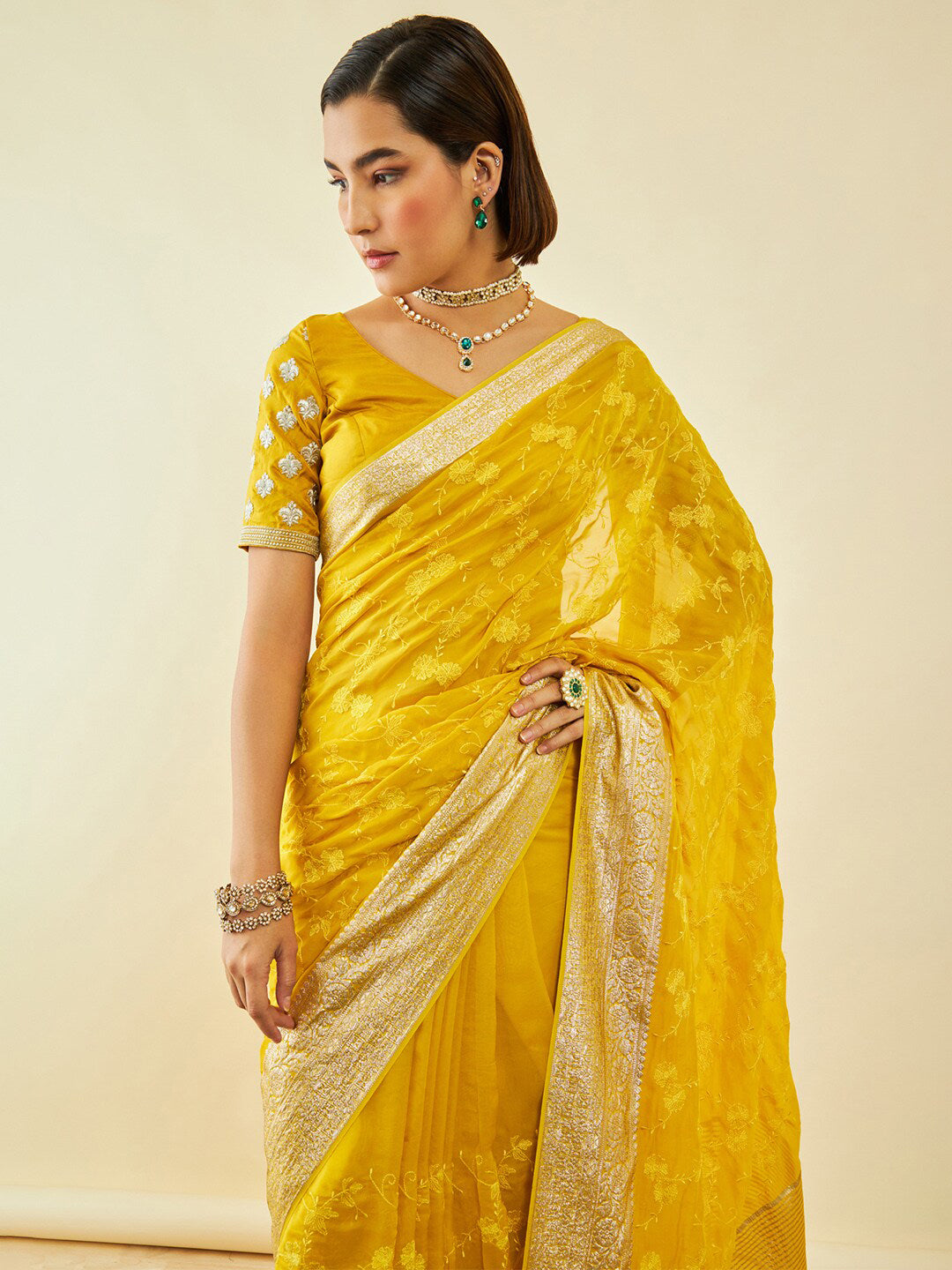 Soch Yellow & Gold-Toned Floral Embroidered Zari Organza Saree - Distacart