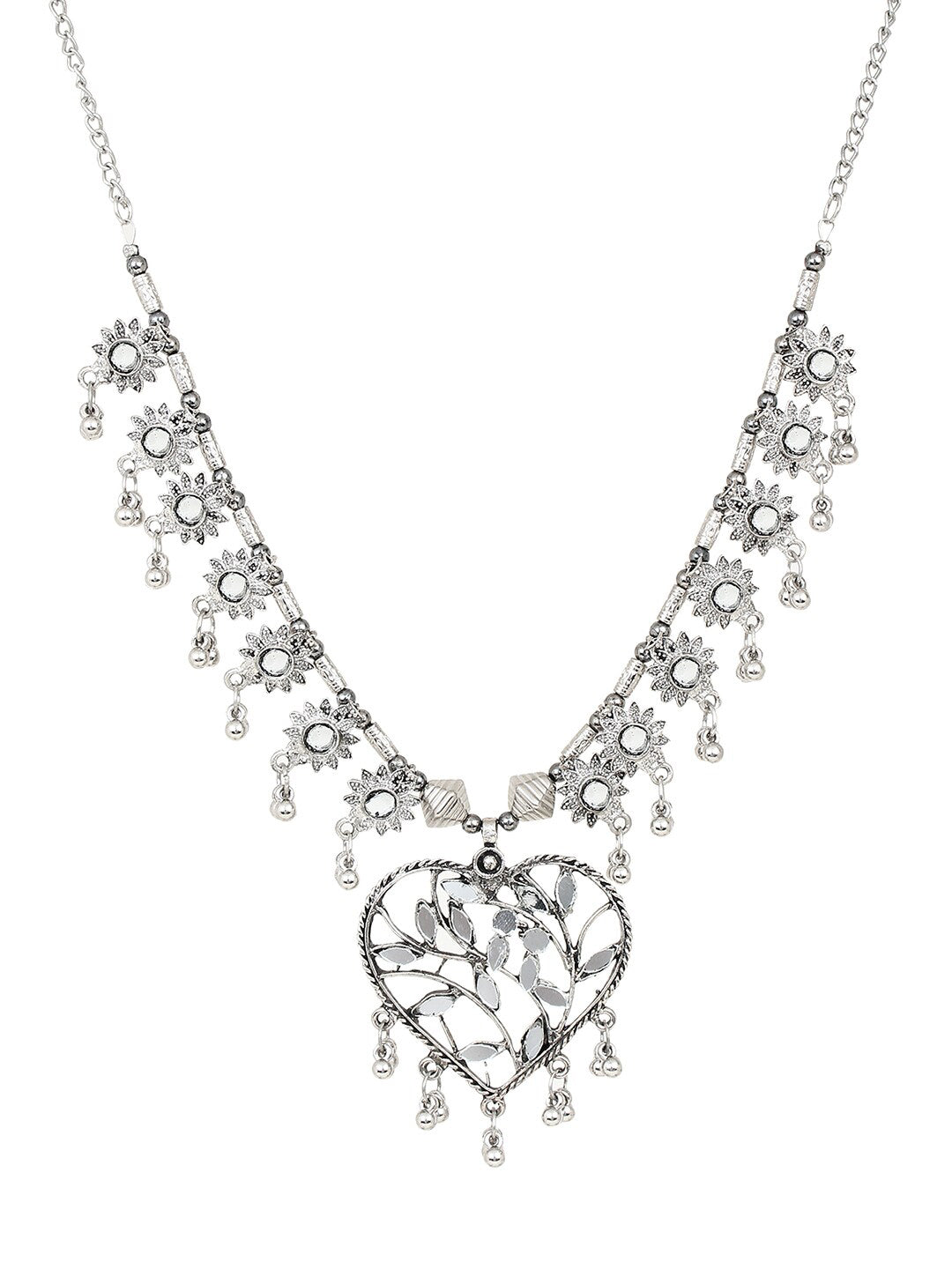 Cardinal Women Silver-Toned Oxidised Stone Studded & Beaded Heart Shaped Jewellery Set - Distacart
