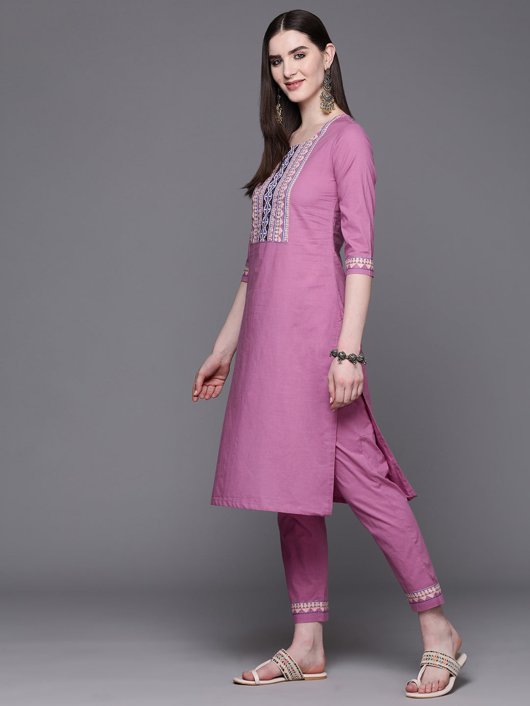 Biba Women Cotton Yoke Design Regular Kurta with Trousers & Dupatta - Distacart