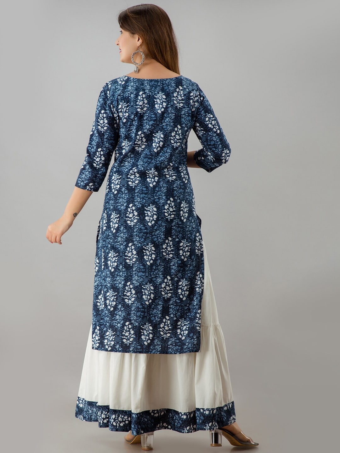 HERE&NOW Blue & White Boat Neck Floral Printed Kurta with Skirt - Distacart