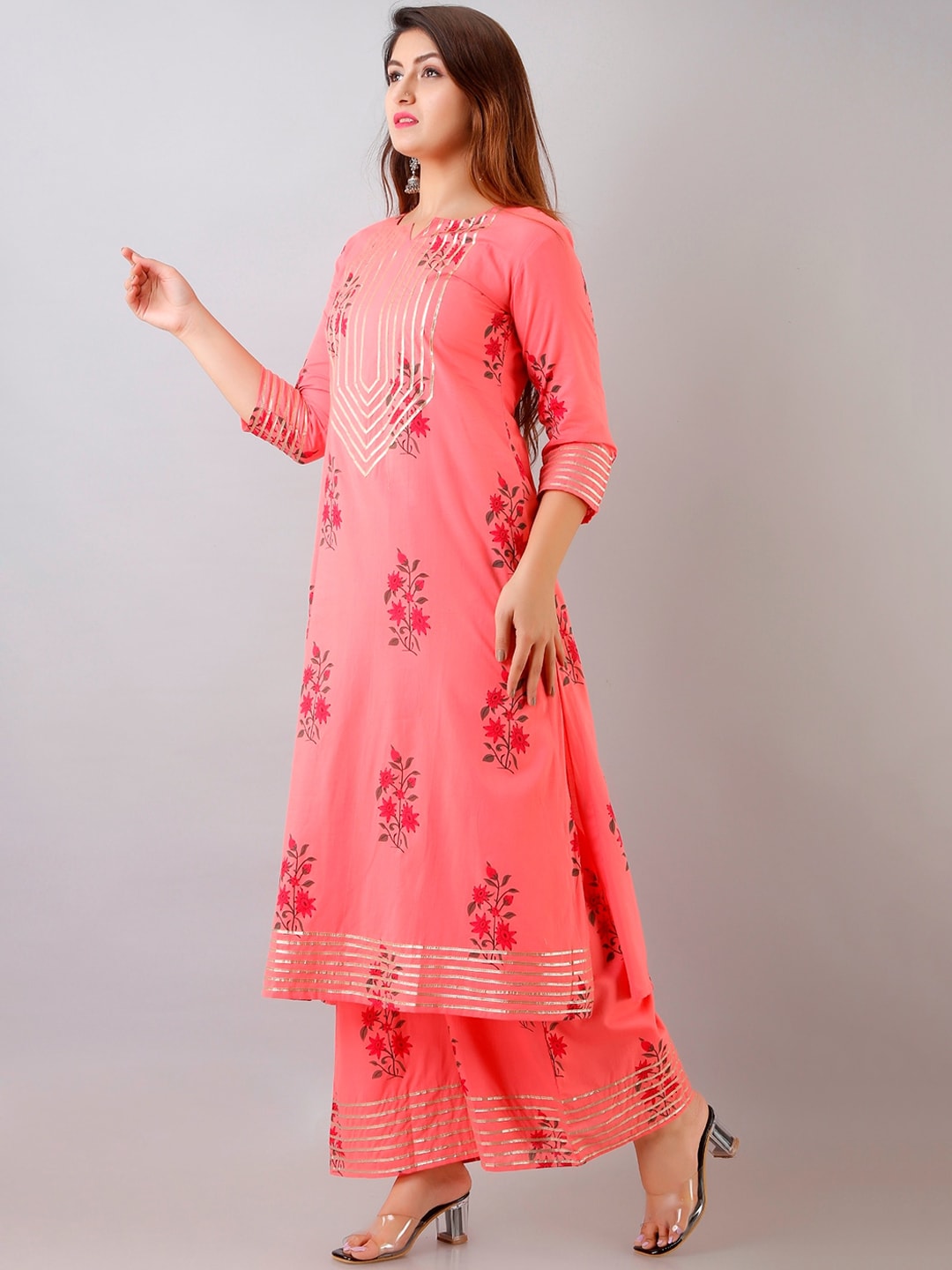 HERE&NOW Floral Printed Gotta Patti Regular Kurta with Palazzos - Distacart