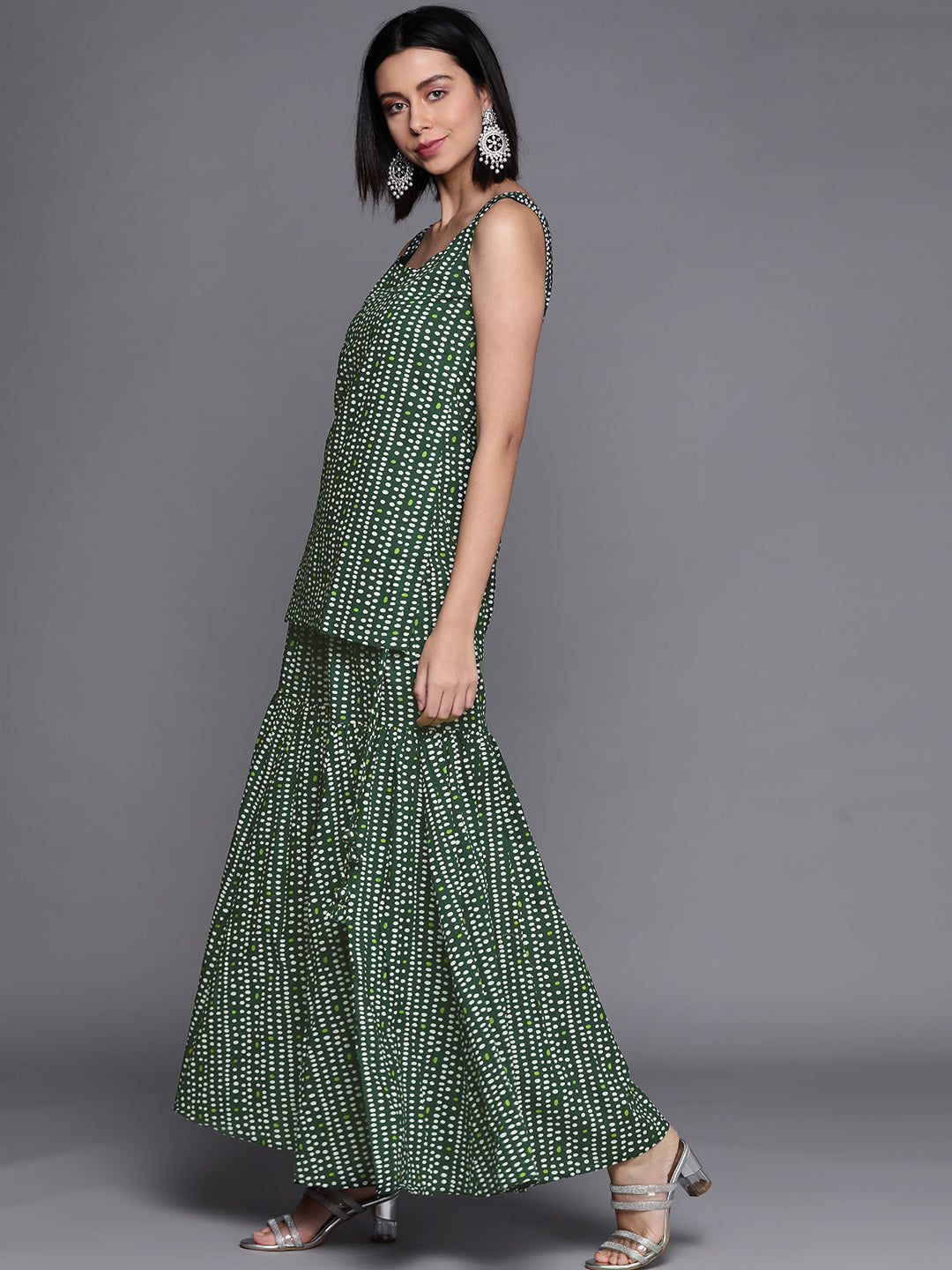 Biba Women Green & White Printed Layered Pure Cotton Kurti with Sharara - Distacart