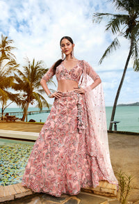 Thumbnail for House of Panchhi Coral Net Sequins And Thread Embroidery Lehenga Choli & Dupatta - Distacart