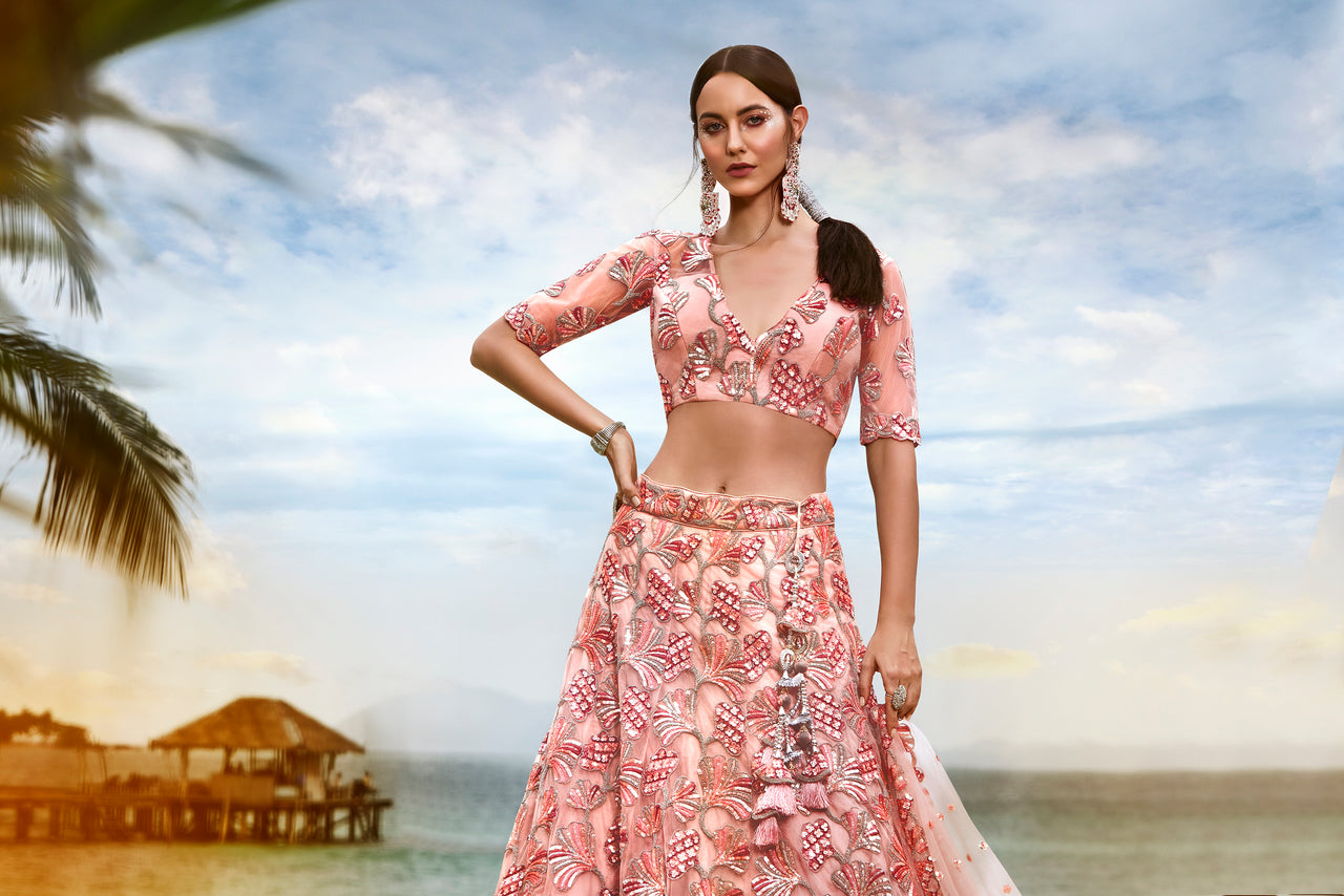 House of Panchhi Coral Net Sequins And Thread Embroidery Lehenga Choli & Dupatta - Distacart
