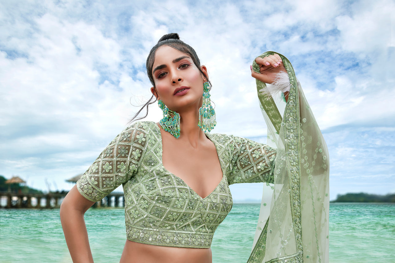 House of Panchhi Lime Green Net Sequins, Zarkan And Thread Embroidery Lehenga Choli & Dupatta - Distacart