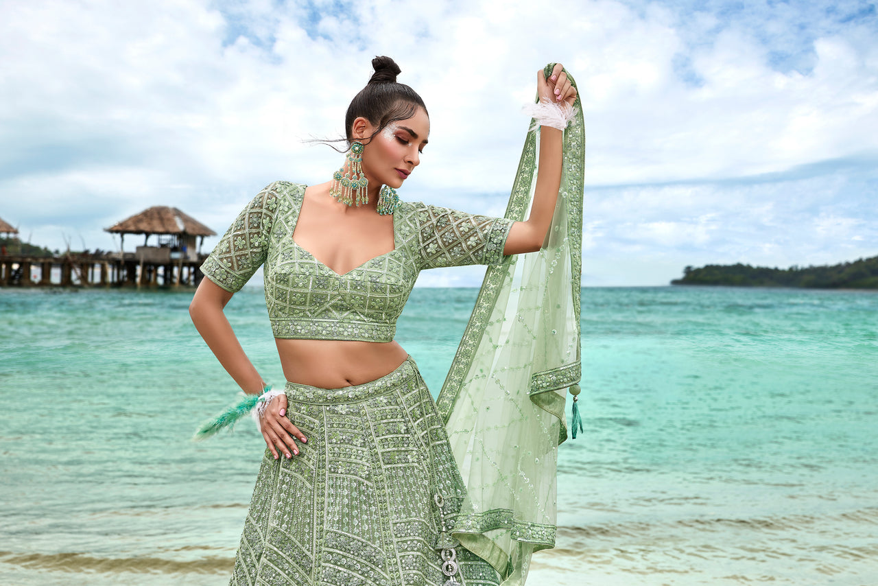 House of Panchhi Lime Green Net Sequins, Zarkan And Thread Embroidery Lehenga Choli & Dupatta - Distacart
