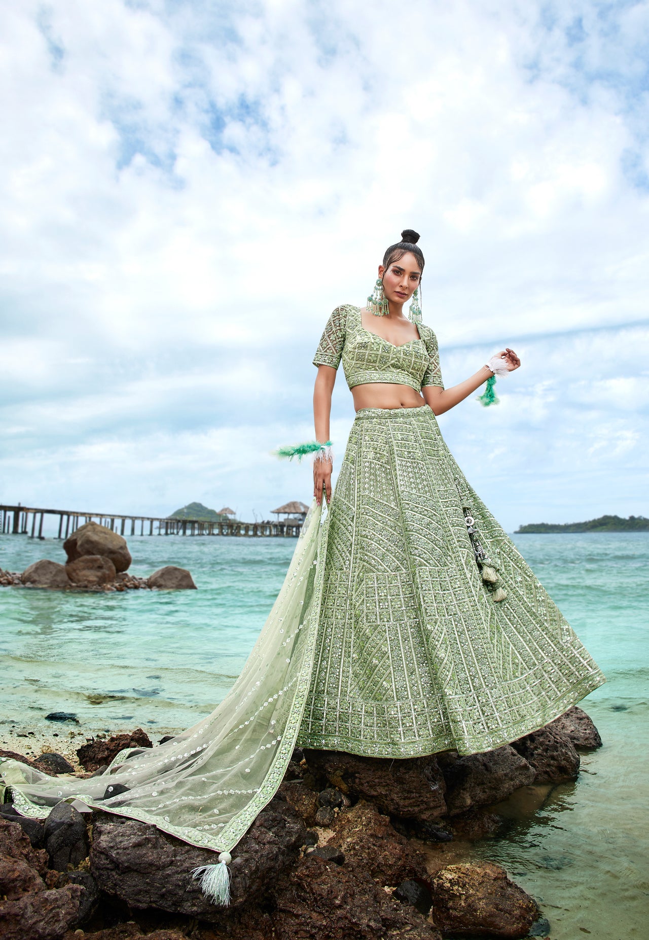 House of Panchhi Lime Green Net Sequins, Zarkan And Thread Embroidery Lehenga Choli & Dupatta - Distacart
