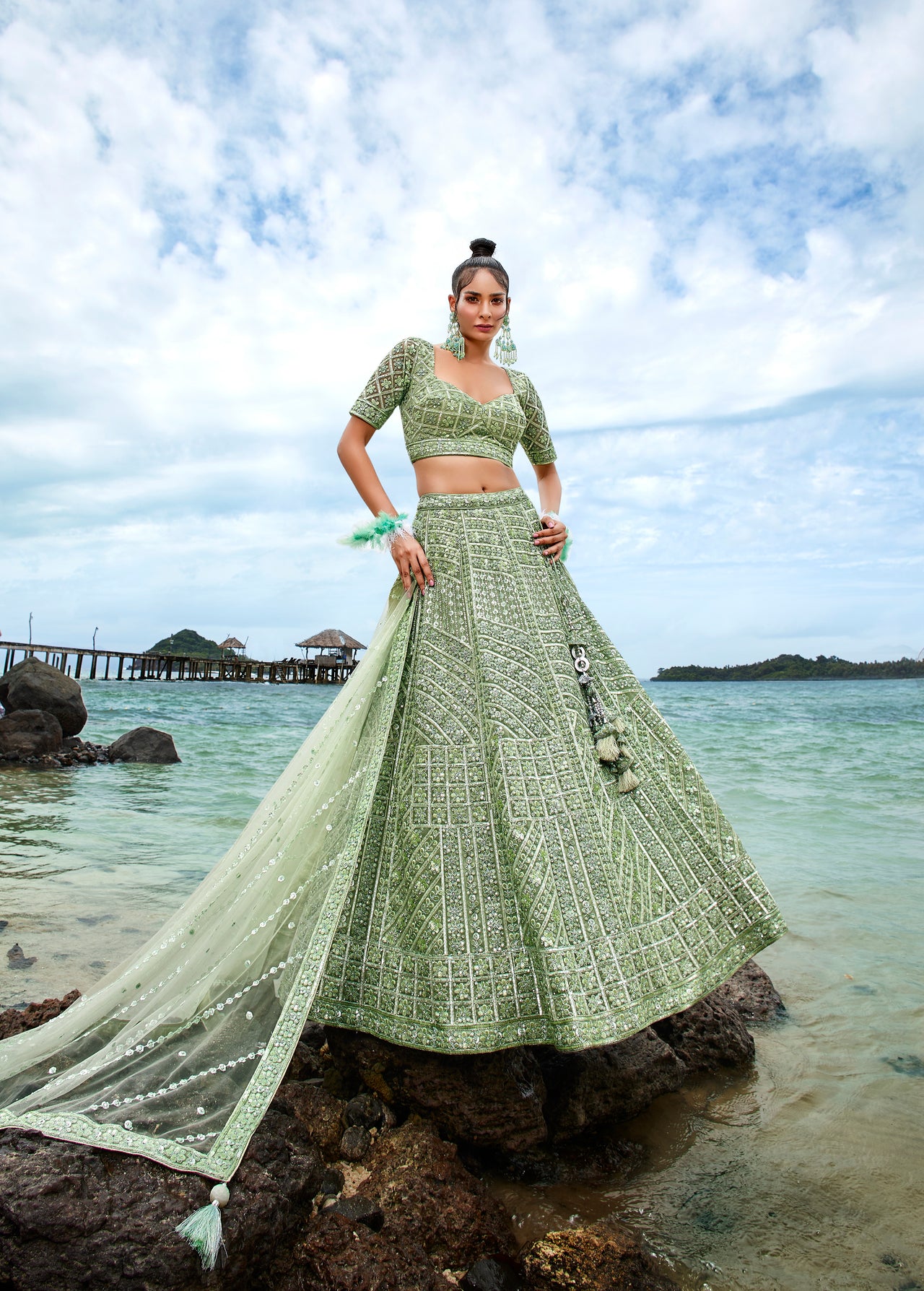 House of Panchhi Lime Green Net Sequins, Zarkan And Thread Embroidery Lehenga Choli & Dupatta - Distacart