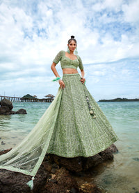 Thumbnail for House of Panchhi Lime Green Net Sequins, Zarkan And Thread Embroidery Lehenga Choli & Dupatta - Distacart